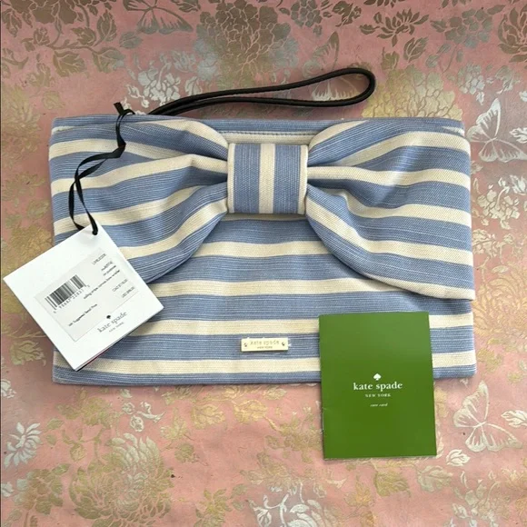 NWT Kate Spade Blue and Cream Striped Clutch - Picture 1 of 5